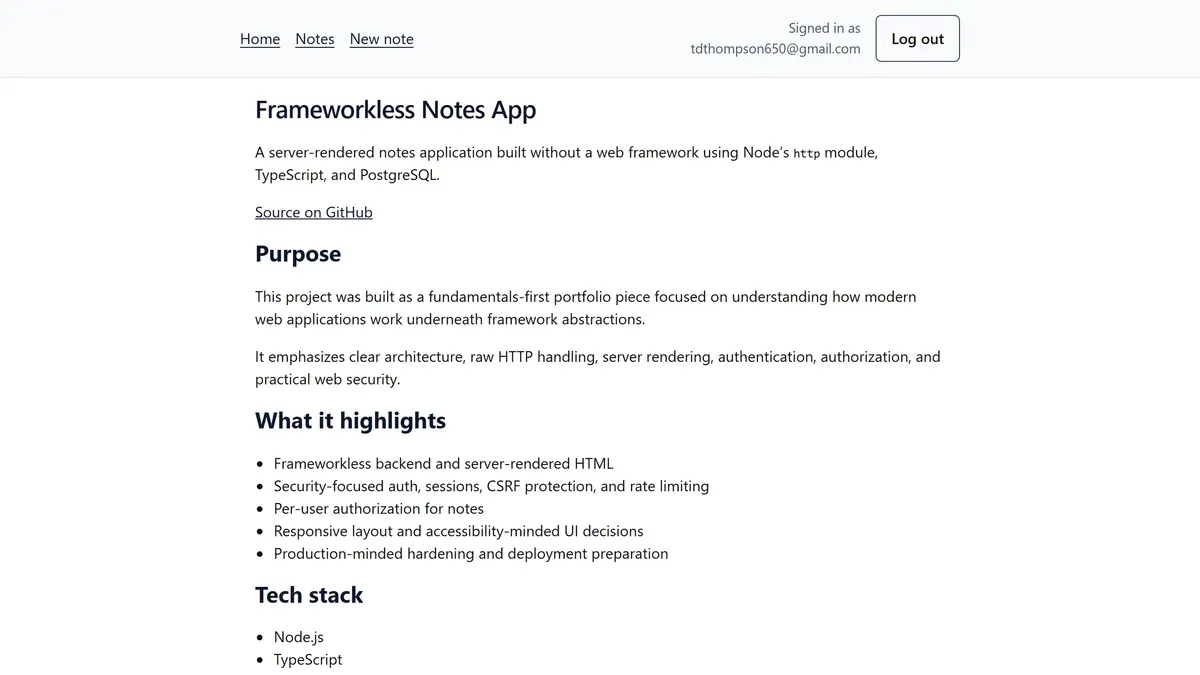 Screenshot of the Frameworkless Notes App website